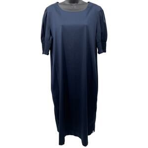 NWT Chico's Smocked Puff Sleeve Solid Navy Midi Dress Women's Size 2 (L)